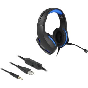 DeLOCK gaming stereo over-ear headset - 3,5mm Jack 4-polig (incl. adapter) / zwart/blauw - 2,1 meter