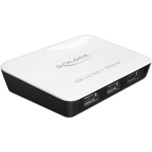 Delock - USB 3.0 Hub - Wit/Zwart - 4 Havens - Inclusief LAN-poort