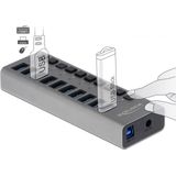 DeLOCK USB hub met 10 poorten en aan/uit schakelaars - USB3.0 - externe 12V voeding / grijs - 1 meter