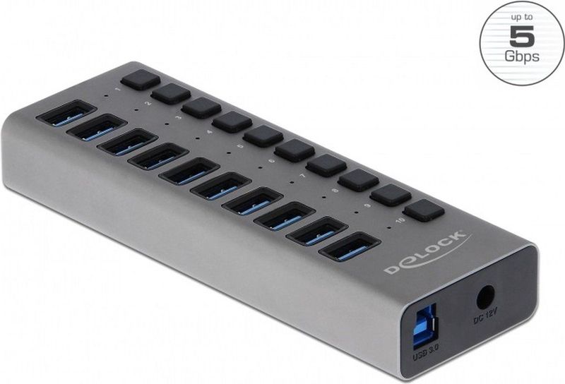 DeLOCK USB hub met 10 poorten en aan/uit schakelaars - USB3.0 - externe 12V voeding / grijs - 1 meter