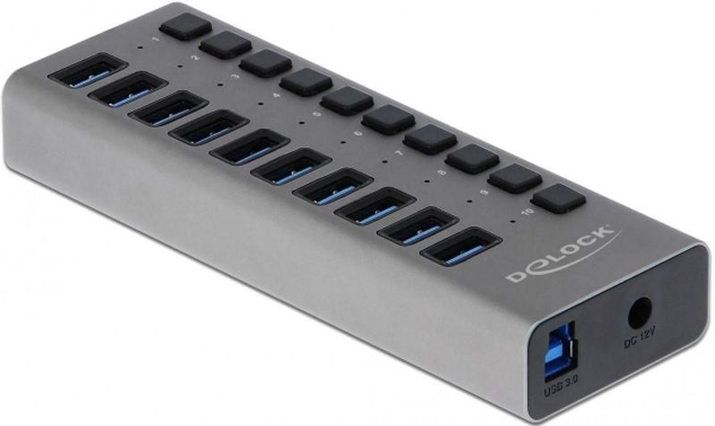 DeLOCK USB hub met 10 poorten en aan/uit schakelaars - USB3.0 - externe 12V voeding / grijs - 1 meter