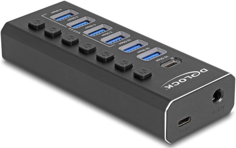 Delock - 7 Port USB Hub - Zwart - Docking Station met 3 Poorten 10 Gbps en 4 Snelladers