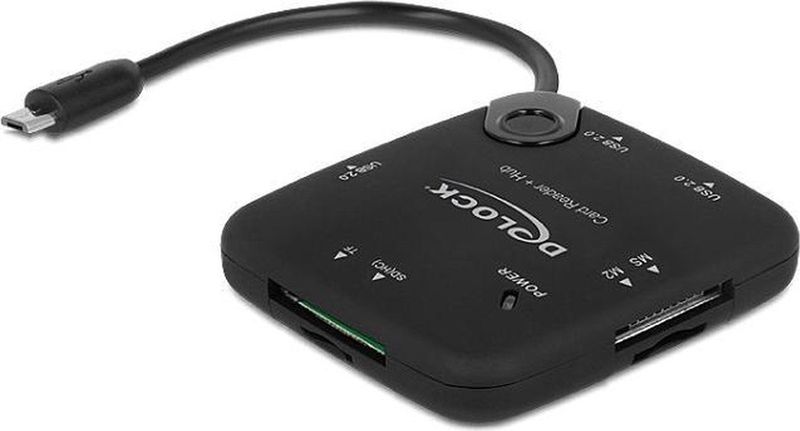 DeLOCK Micro USB OTG Kaartlezer - 3-Poorts USB Hub - Zwart