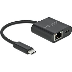 Delock USB Type-C™ Adapter naar Gigabit LAN 10/100/1000 Mbps met Power Delivery connector zwart (USB-C, RJ45 Gigabit Ethernet (1x)), Netwerkadapter, Zwart