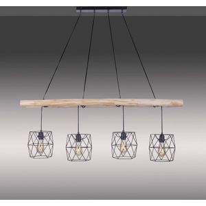 Industriële hanglamp zwart met hout 4-lichts - Mediena