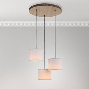 Landelijke hanglamp hout met witte kap rond 3-lichts - Oriana