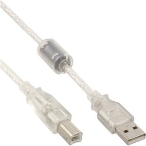 InLine® USB 2.0 Kabel, A an B, transparent, mit Ferritkern, 5m
