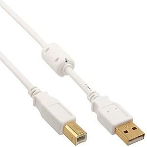 USB-A - USB-B kabel | ferrietkern | verguld | USB2.0 | 5W | wit | 5 meter