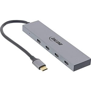 InLine® USB 3.2 Gen.2 Hub (10 Gb/s), USB Type-C naar 4 Port Type-C (1 poort Power Through tot 100W), OTG, aluminium behuizing, grijs, zonder voeding