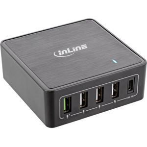 InLine® Power Delivery + Quick Charge 3.0 USB power adapter, charger, 4x USB A + USB Type-C, 60W, black