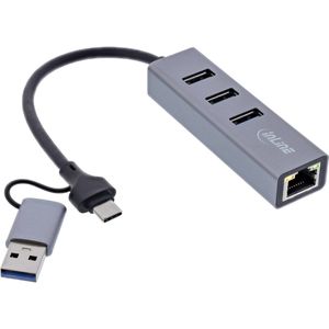 InLine 4in1 Gigabit Hub (USB-C, USB-A, 4 ports), Docking station + USB-hub, Grijs