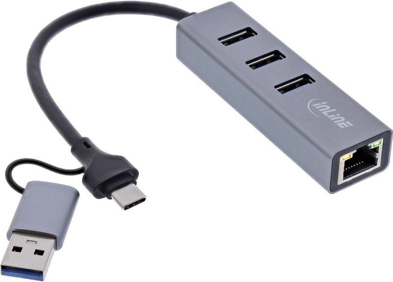 InLine® 4in1 Gigabit Hub, USB-C & USB-A, 1x RJ45, 3x USB 3.2 Gen.1