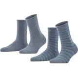 FALKE Happy Stripe 2 Pack gestreept met patroon katoen multipack sokken dames grijs