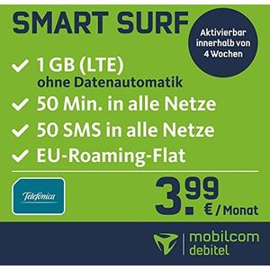mobilcom-debitel Smart Surf met 1 GB LTE Internet Flat Max. 21 Mbit/s, 50 minuten vrije tijd en 50 SMS in alle Duitse netwerken, Europese roaming, 24 maanden maandelijkse batterijduur. Slechts 3,99 EUR, Triple SIM
