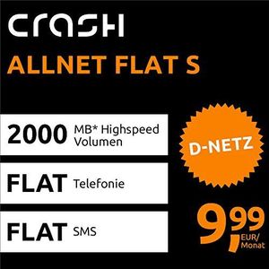 Crash Allnet Flat S met 2 GB internet flat max. 21,6 MBit/s, telefonie en sms-flat in alle Duitse netwerken, EU-flat, 24 maanden looptijd, 9,99 EUR maandelijks