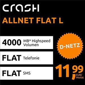 Crash Allnet Flat L met 4 GB internet flat max. 21,6 MBit/s, telefonie en sms-flat in alle Duitse netwerken, EU-flat, 24 maanden looptijd, EUR 11,99 maandelijks