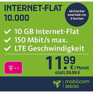 Mobilcom-Debitel Internet-Flat 10.000 via Telekom-netwerk (11,99 EUR per maanden, 24 maanden looptijd, 10 GB internetflat, LTE met max. 150 Mbit/s, EU-roaming-flat).