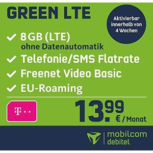 mobilcom-debitel Green LTE video 8GB internet flat max. 21,6 Mbps in telecom-netwerk, telefonie- en sms-flat in alle Duitse netwerken, EU-flat, 24 maanden looptijd, 13,99 EUR maandelijks