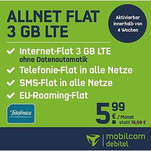 mobilcom-debitel MegaSim Allnet 5 GB in Telefónica-netwerk (5 GB LTE internet-Flat max. 21,6 MBit/s, telefoon en sms flat in alle Duitse netwerken, EU-roaming-flat voor 5,99 EUR/maand)