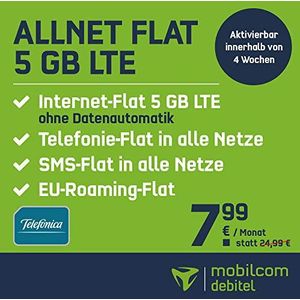 Mobilcom-Debitel Allnet 5 GB via telefoon netwerk (5 GB LTE internetflat max. 21,6 MBit/s, telefoon- en sms-plat. Netten, EU-roaming plat, voor 7,99 EUR/maand)