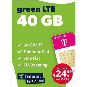 Mobiele telefooncontract groen LTE 60 GB - Internet-Flat, FLAT Telefonie & SMS in alle Duitse netwerken, FLAT EU-Roaming, maandelijks opzegbaar voor slechts € 24,99/maand, Telefonica-netwerk