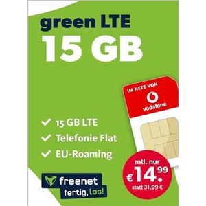 Mobiele telefooncontract green LTE 15 GB -internet-flat, FLAT telefonie in alle Duitse netwerken, FLAT EU-Roaming, VoLTE & WiFi Calling, freenet Hotspot Flat, 24 maanden looptijd voor slechts 14,99 €/maand Vodafone netwerk