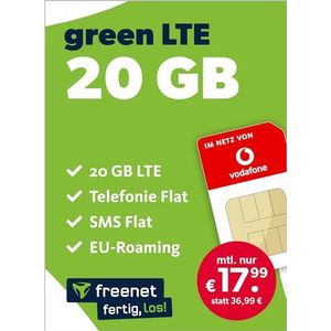 Mobiele telefooncontract green LTE 20 GB - Internet-Flat, FLAT telefonie in alle Duitse netwerken, FLAT EU-Roaming, freenet Hotspot-Flat, 24 maanden looptijd voor slechts € 19,99/maand, Vodafone netwerk