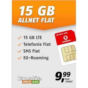 klarmobil Allnet Flat 15 GB - mobiele telefooncontract voor het Vodafone netwerk met internet flat, flat telefonie en sms en EU-roaming - in alle Duitse netwerken - 24 maanden contractduur