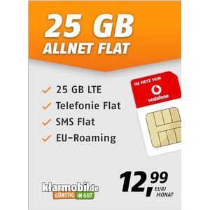 klarmobil Allnet Flat 25 GB - mobiele telefooncontract voor het Vodafone netwerk met internet flat, flat telefonie en sms en EU-roaming - in alle Duitse netwerken - 24 maanden contractduur