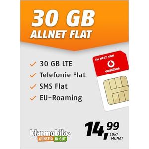 klarmobil Allnet Flat 30 GB - mobiele telefooncontract voor het Vodafone netwerk met internet flat, flat telefonie en sms en EU-roaming - in alle Duitse netwerken - 24 maanden contractduur