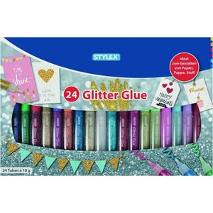 Stylex 23384 Glitterlijm - Set van 24 Tubes - Oplosmiddelvrij - Uitwasbaar - Kleurrijke Glitterdeeltjes
