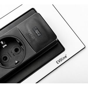 Backflip Steckdose - versenkbare Steckdose 2 fach mit usb-c Charger, Kunststoff / Edelstahl gebürstet nanobeschichtet - Evoline