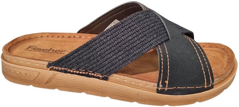 Fischer - Heren Slippers - Zwart - Leer en Textiel - Rubberen Profielzool