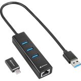 Sharkoon 3-Port USB 3.2 GEN 1 Aluminium Hub, RJ45 Ethernet-adapter, zwart