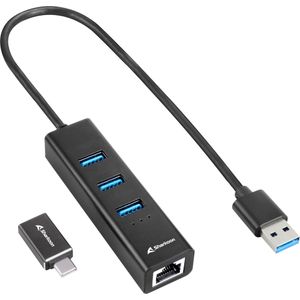 Sharkoon - 3x3.2 Gen 1 - USB Hub - Aluminium - 3 Poorten, RJ45 Ethernet-adapter, 5 Gbit/s