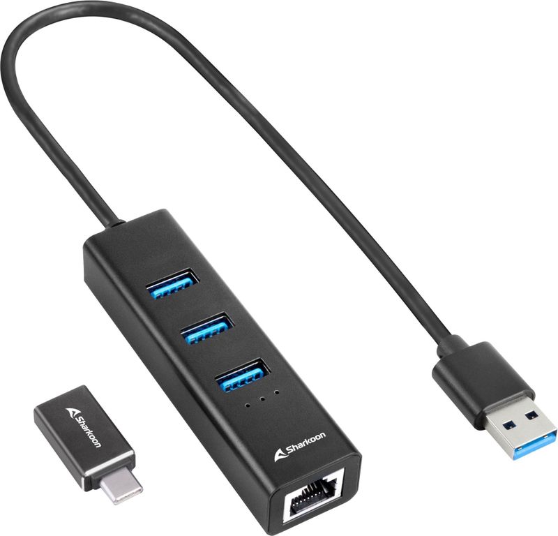 Sharkoon - 3x3.2 Gen 1 - USB Hub - Aluminium - 3 Poorten, RJ45 Ethernet-adapter, 5 Gbit/s