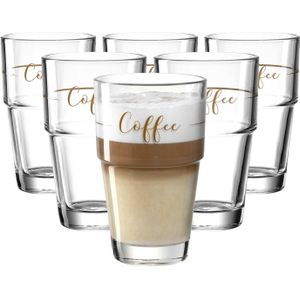Leonardo Solo 042553 Koffieglazen, set van 2, glazen beker met latte macchiato-opdruk, inclusief lepel, vaatwasmachinebestendig, 4-delig, 410 ml