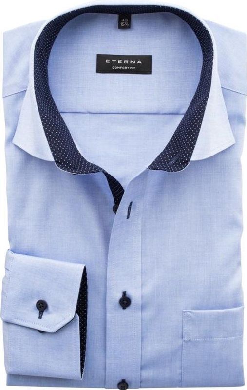 ETERNA - Blauw Effen Overhemd - 100% Katoen - Kent Kraag - Lange Mouwen
