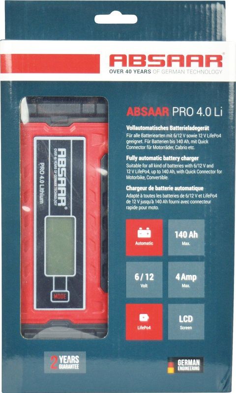 Absaar - Smartlader PRO 4.0 - Acculader - 6/12V - Lithium - 4A