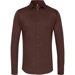 DESOTO - Slim Fit Overhemd - Donkerbruin - Stretch Pique Tricot - Strijkvrij