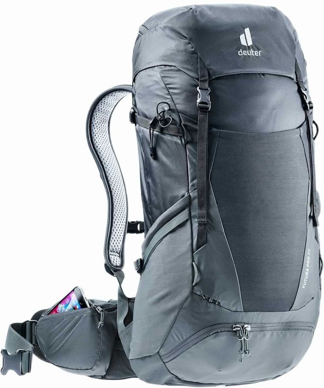 Deuter Futura Pro, Oben, Bergsteigen, Schwarz, Unisex, Polyamid, Polyethersulfon (PES), Untere Tasche, Seitentasche