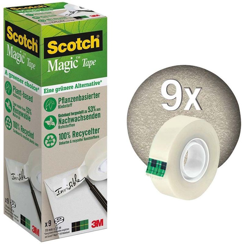 Scotch Magic Onzichtbare tape, gemaakt van plantaardige materialen, 9 rollen 19 mm x 33 m, plantaardige lijm, oplosmiddelvrij, verpakking van 100% gerecycled karton