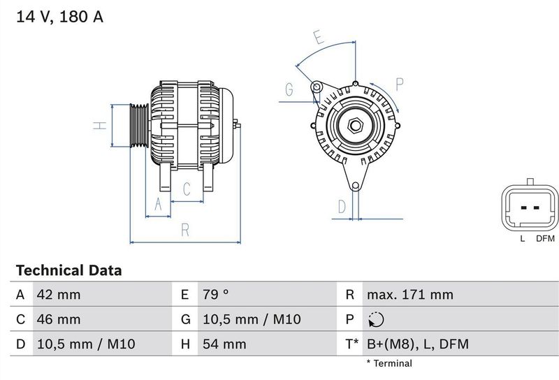 Bosch 8066 - Dynamo - Citroen, Fiat, Lancia, Peugeot - Laadstroom 180A - Spanning 14V
