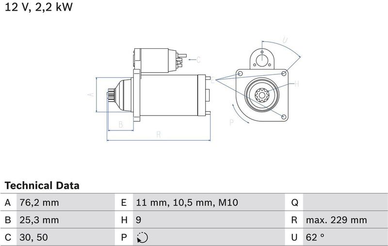 Volkswagen - Startmotor - 12 Volt - 2,2 kW - Rechts - Zonder Toplager