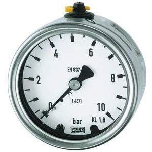 Manometer in CrNi-staaluitvoering, aansluiting achter excentrisch, G 1/2, type 232.50, kwaliteitsklasse 1,0, meter. 0-40,0 bar, Ø 100