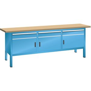 LISTA Werkbank met massief beuken blad, stellingbouw, breedte 2000 mm, 3 laden, 3 deuren, kastframe lichtblauw, front lichtblauw