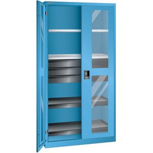 LISTA Zichtvensterkast, h x b x d = 1950 x 1000 x 580 mm, met 2 legborden, 2 uitschuifbare legborden en 3 laden, lichtblauw