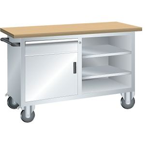 LISTA Compacte werkbank, verrijdbaar, 1 lade, 1 deur, 3 legborden, kastframe lichtgrijs, front lichtgrijs