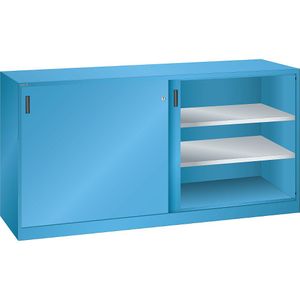 LISTA Schuifdeurkast met plaatstalen deuren, 2 legborden, 4 uitschuifbare legborden, 2 laden, lichtblauw
