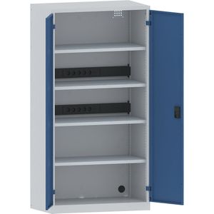LISTA Accuoplaadkast met stroomvoorziening, 4 legborden, deuren van massief plaatstaal, 2 contactdooslijsten op de achterkant, grijs/blauw